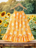 Girls Dreamy Daisy Print Slip Dress - Flowy Sleeveless with Ruffle Trim - Perfect Summer Casual Dress for Sun-soaked Days - A Delightful Gift Idea