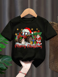 Boys' Summer Fashion T-Shirt, "Merry Christmas" Letter Print, Cool Tractor Christmas Pattern, Casual Short Sleeve Top for Kids, Regular Fit, Round Neck, Polyester Blend, Stretch Fabric