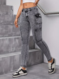 High Waist Long Length Skinny Stretch Cargo Jeans - Fashionable Snowflake Washed Grey Denim Pants with Preppy Style Side Pockets, Versatile and Comfortable for Weekend Casual Occasions