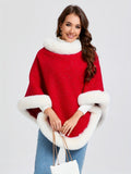 For Fall & Winter, Fuzzy Trim Color Block Poncho Christmas Thermal Crew Neck Sweater, Women's Clothing, Hanky Hem