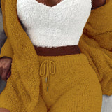 Luxurious Womens Fuzzy Pajama Set - Cozy Hooded Robe, Soft Tank Top & Drawstring Shorts - Ultimate Sleep & Lounging Comfort