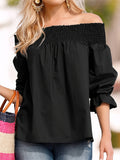 Chic Plus Size Off-Shoulder Blouse - Elegant Bow Detail, Shirred Half Sleeves, Breezy Spring & Summer Wear