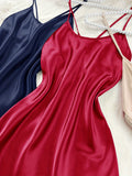 3 Pcs Sexy Satin Solid Color Slip Nightgown - Crew Neck, Cross Strappy Backless, Micro Elasticity, Polyester Material - Machine Washable, All-Season, Comfortable Sleepwear for Women