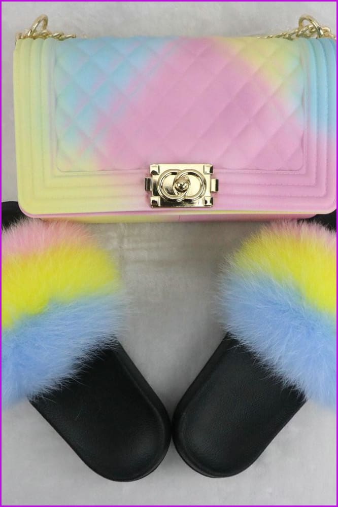 peopleterritory Blue Yellow Pink Fur Slides & Bag Set F727 B02