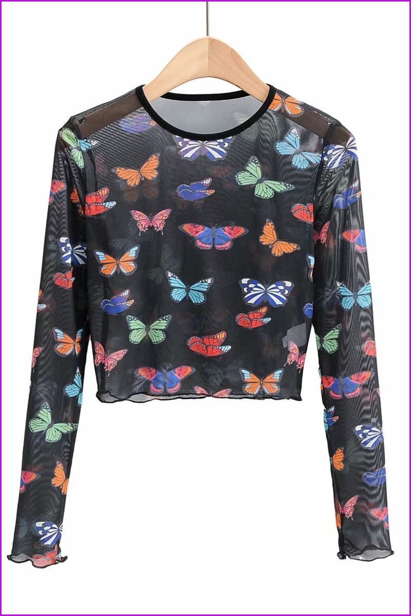 peopleterritory Butterfly Print See Through Women T-Shirt DB810