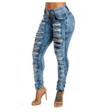 New Distressed High Waisted and Small Foot Multi Buttonhole Jeans for Women's Clothing