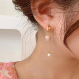 peopleterritory Pink tulip fringe long pearl earrings