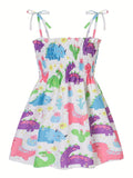 Girls Lace-up Athleisure Sundress - Vibrant Butterfly, Daisy & Dinosaur Prints - Sleeveless Smocked A-line Dress for Playful Adventures