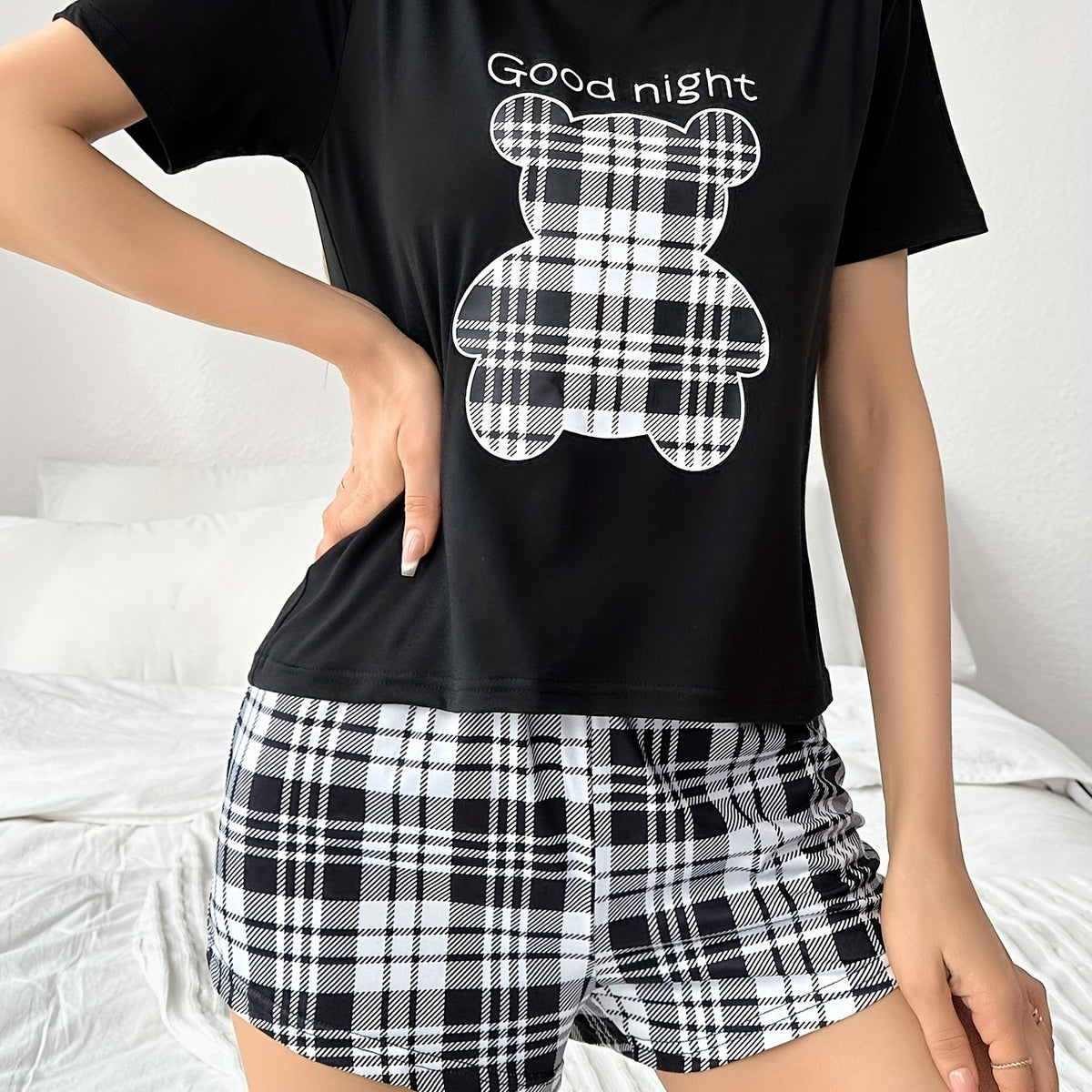 Cozy Plaid Bear Print Pajama Set - Soft Mid-Elasticity Polyester Casual Crew Neck Short Sleeve Top & Shorts for Women - All-Season Patterned Sleepwear with Random Printing