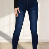 Women's Dark Blue Washed Plain Stretchy Skinny Jeans, Elegant Style, Denim Pants For Casual Wear