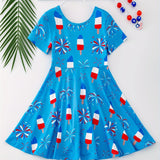 Girls Vibrant Stretchy Short Sleeve Dress - American Style Ice Cream & Fireworks Print, Comfortable, Breathable, Summer Party Perfect, Independence Day Gift Idea