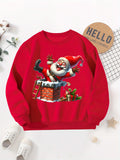 Boys' Cozy Fleece-Lined Christmas Sweatshirt with Santa & Chimney Print - Casual Long Sleeve Pullover for Fall/Winter