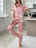 Womens Satin Floral Print Relaxed Fit Pajama Set - Soft, Breathable, and Comfortable Short Sleeve Lapel Top and Pants with Micro Elasticity - Perfect for All Seasons