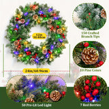 24" Pre-Lit Christmas Wreaths, Lighted Christmas Wreath For Front Door, Christmas Red Berries, Pine Cones Wreath, Xmas Wreath Decor For Window Fireplace, Green