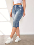 Drawstring Elastic Waist Ripped Jeans, High Stretch Washed Under The Knee Denim Pants, Women's Denim Jeans & Clothing