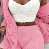 Luxurious Womens Fuzzy Pajama Set - Cozy Hooded Robe, Soft Tank Top & Drawstring Shorts - Ultimate Sleep & Lounging Comfort