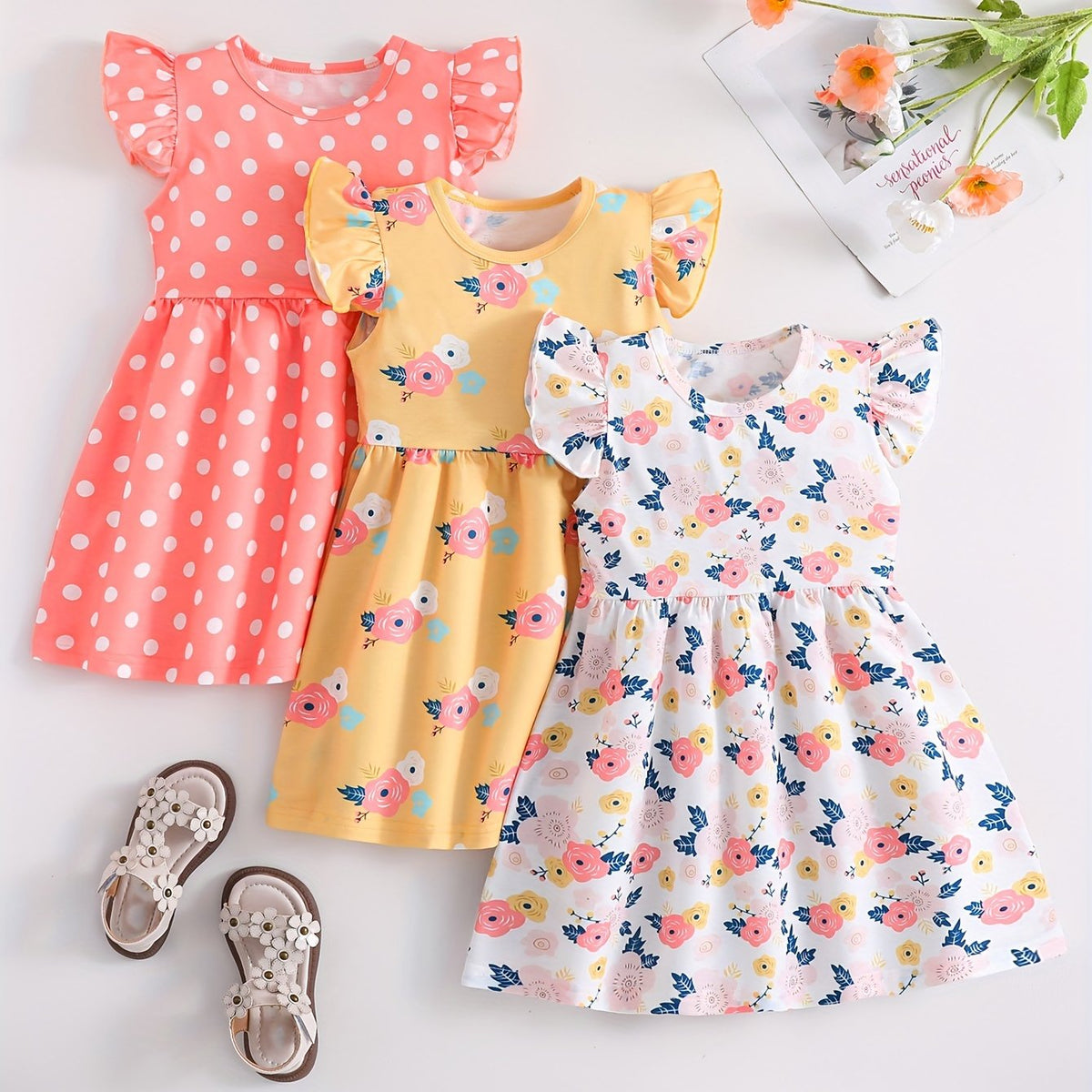 3pcs/ Set Girls Ruffle Dresses Set, Cute Floral Polka Dots Casual Cute Summer Dresses