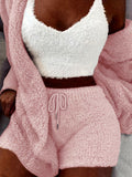 Luxurious Womens Fuzzy Pajama Set - Cozy Hooded Robe, Soft Tank Top & Drawstring Shorts - Ultimate Sleep & Lounging Comfort