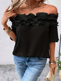 Plus Size Ruffle Solid Blouse - Chic Off-the-Shoulder Design, Short Sleeves for Comfort, Delicate Ruffle Details - Designed for Plus Size Women, Perfect for Spring Season, Womens Fashion Clothing