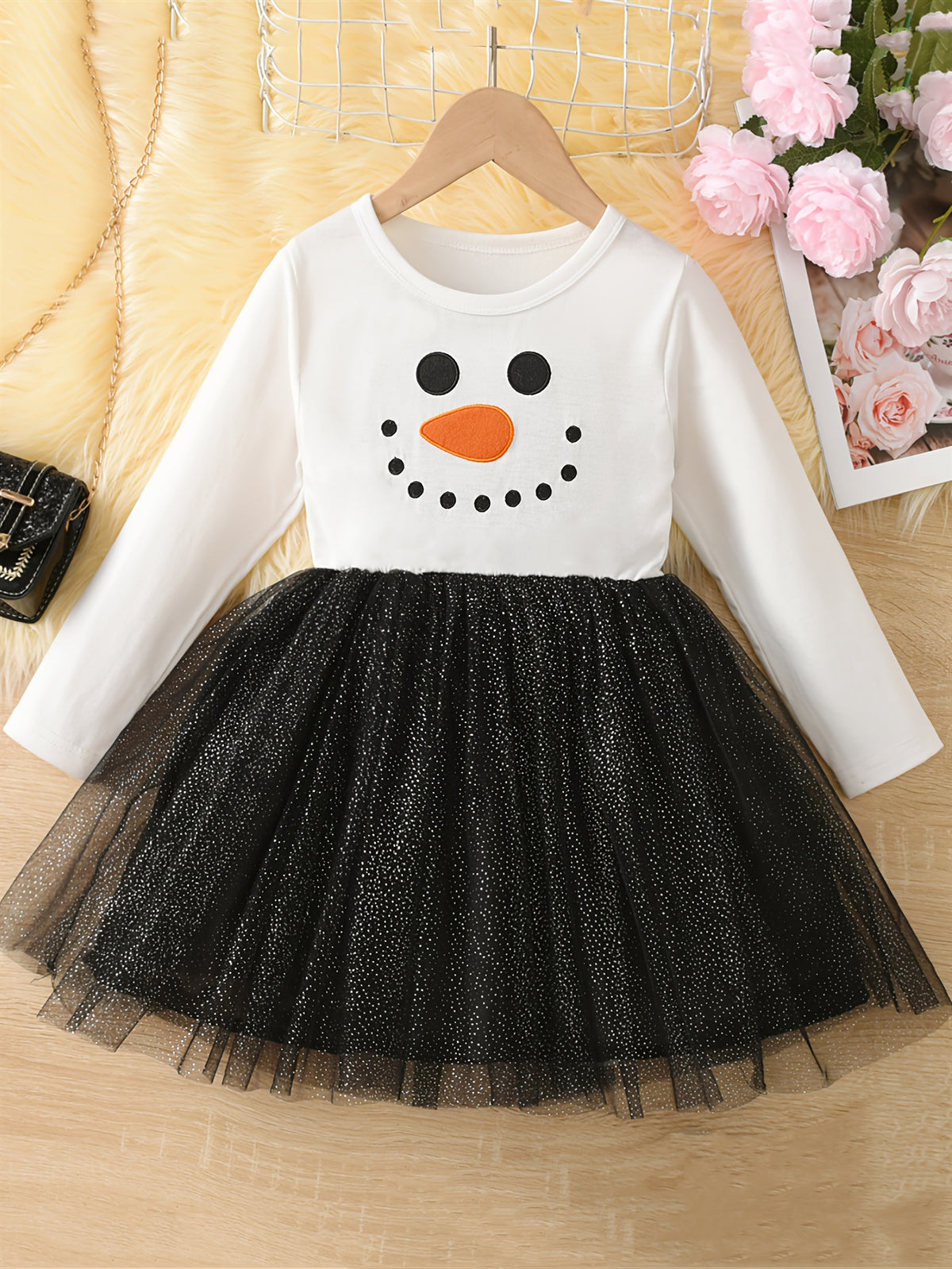 Kids' Whimsical Snowman Print Fit and Flare Dress - Soft 100% Polyester Knit Fabric, Crew Neck, Knee High, Slight Stretch, No Lining or Padding, Perfect for Fall and Winter Seasons, Christmas Celebration, and Casual Daily Wear