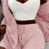 Luxurious Womens Fuzzy Pajama Set - Cozy Hooded Robe, Soft Tank Top & Drawstring Shorts - Ultimate Sleep & Lounging Comfort