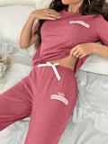 Relaxed Fit Womens Letter Print Pajama Set - Short Sleeve Crew Neck Top & Elastic Pants - Soft, Breathable Loungewear for Nighttime Chic