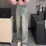 Letter jeans design new summer fashion high waist thin three-dimensional straight embroidery embroidered pants