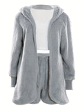 Luxurious Womens Fuzzy Pajama Set - Cozy Hooded Robe, Soft Tank Top & Drawstring Shorts - Ultimate Sleep & Lounging Comfort