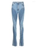 Fashion Women' Jeans Slim Deconstruct Panelled Patchwork High Waist Split Blue Long Denim Pants Autumn