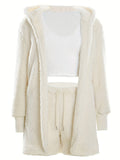 Luxurious Womens Fuzzy Pajama Set - Cozy Hooded Robe, Soft Tank Top & Drawstring Shorts - Ultimate Sleep & Lounging Comfort