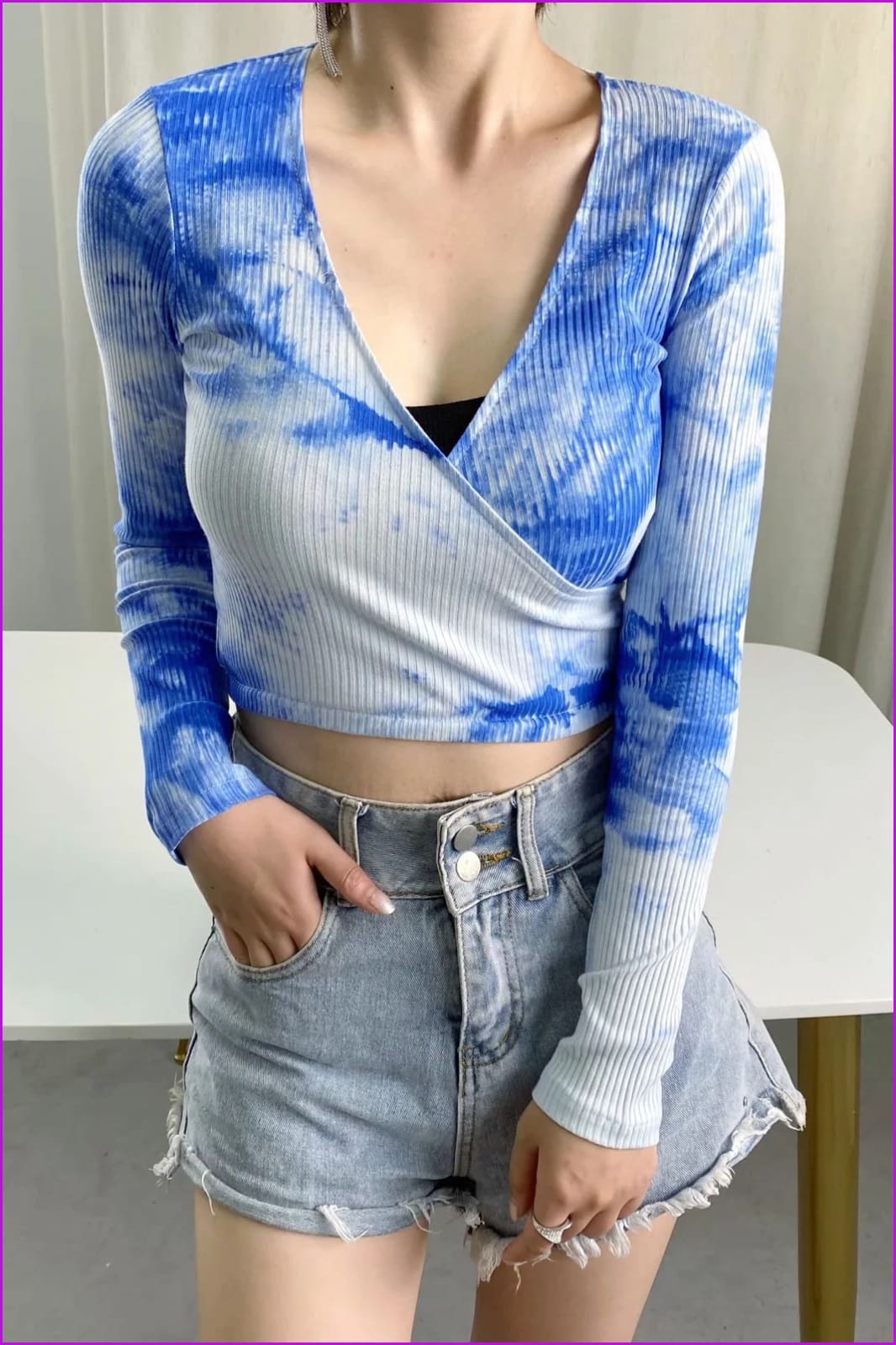 peopleterritory Deep V Neck Tie Wrap Tie Dye Crop T-Shirt DB199