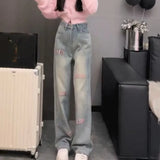 Letter jeans design new summer fashion high waist thin three-dimensional straight embroidery embroidered pants