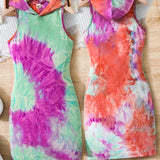 1pc Stylish Tie Dye Pattern Sleeveless Hooded Maxi Dress - Comfortable, Relaxed Fit, V-Neck, Flowy Design - Perfect for Girls, Summer Gift, Party, Outdoor, Casual Occasions