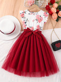 Girls Casual Dress Floral Tulle Stitching Princess Dress For Party Beach Vacation Kids Summer Clothes