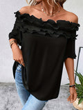 Plus Size Ruffle Solid Blouse - Chic Off-the-Shoulder Design, Short Sleeves for Comfort, Delicate Ruffle Details - Designed for Plus Size Women, Perfect for Spring Season, Womens Fashion Clothing