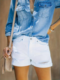 Chic White Denim Shorts with Stretch & Distressed Details - Summer Casual Wear for Women