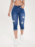 Chic Ripped High-Rise Capri Jeans - Women's Stretchy Denim with Rolled Hem, Whiskering Detail & Convenient Slash Pockets for Casual Wear