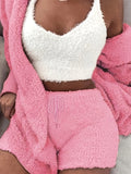 Luxurious Womens Fuzzy Pajama Set - Cozy Hooded Robe, Soft Tank Top & Drawstring Shorts - Ultimate Sleep & Lounging Comfort