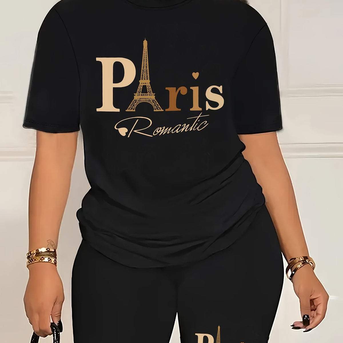 Paris Print Casual Shorts Set, Crew Neck Short Sleeve T-shirt & Skinny Shorts Outfits, Women's Clothing