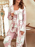 Luxurious Floral Print Pajama Set - Stylish Belted Cardigan & Soft Cami Top with Elastic Pants - Elegant Womens Sleepwear for Comfortable Nightly Bliss