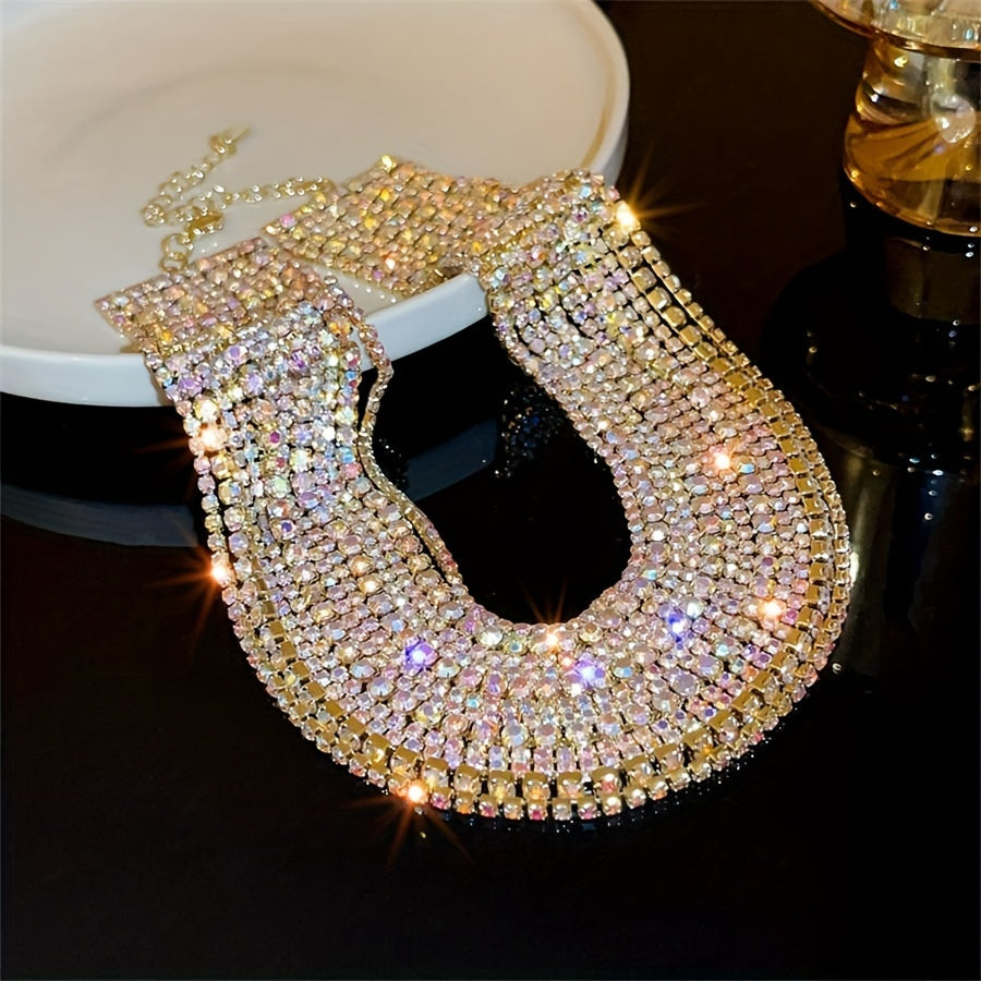 Glamorous Shiny Multilayer Rhinestones Chunky Necklace Exaggerated Personality Clavicle Chain Female Banquet Party Decor Neck Jewelry Gift