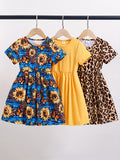 3-piece girl's summer slim waist dress, summer girl knitted clean color leopard print sunflower shortsleeved round neck fashionable dress, children's summer casual cute style summer dresschildren's summer clothing