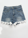 High Waist Stretchy Denim Shorts with Lace Contrast Trim - Button Fly Closure, Skinny Fit, Random Print, Coquette Aesthetic Fairy Core Style - Perfect for Spring/Fall, Street Fashion, Womens Denim Jeans & Clothing