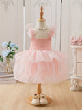 Midi Length Girls Princess Birthday Dress - Mesh Tulle Stitching, Sleeveless, Layered Tutu, Solid Color, Casual Style, Cotton Fabric, Knit Construction - Perfect for Summer Party Outfit