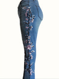 Long Length Womens Embroidered Floral Bell Bottom Jeans - Stretchy Cotton Blend Fabric, Casual Flare Leg Cut, Basic Style, Positioning Printing, All-Season Fashion Bottoms