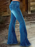 Trendy High-Stretch Striped Flare Jeans - Comfort Fit with Raw Hem & Pockets, Casual Denim Wear for Women