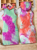 1pc Stylish Tie Dye Pattern Sleeveless Hooded Maxi Dress - Comfortable, Relaxed Fit, V-Neck, Flowy Design - Perfect for Girls, Summer Gift, Party, Outdoor, Casual Occasions