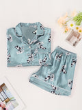 Short Sleeve Cartoon Mouse Print Satin Pajama Set for Women - Comfortable Relaxed Fit, Lapel Collar, Button Front, Semi-Sheer, Woven Fabric, All-Season Nightwear for Casual Sleep - Soft, Breathable, and Cozy