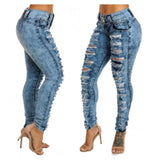 New Distressed High Waisted and Small Foot Multi Buttonhole Jeans for Women's Clothing