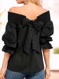 Chic Plus Size Off-Shoulder Blouse - Elegant Bow Detail, Shirred Half Sleeves, Breezy Spring & Summer Wear